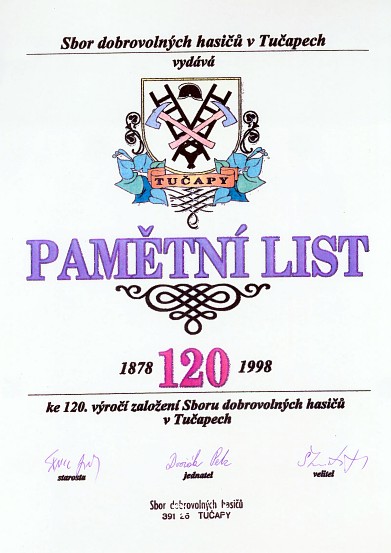 Pamětní list ke 120. výročí založení SDH v Tučapech